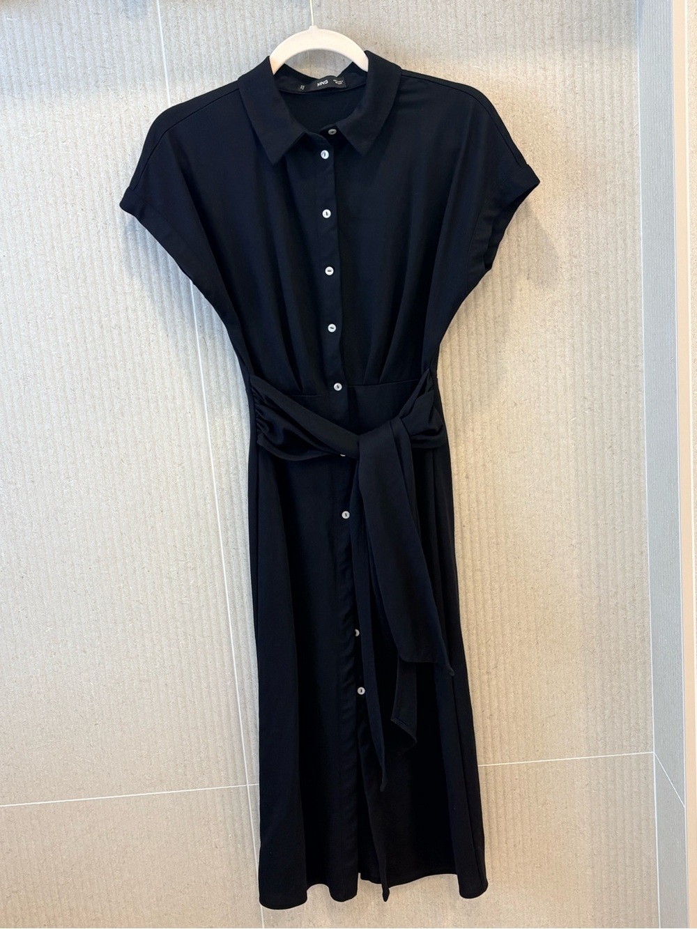 Mango Black Button-Front Midi Shirt Dress with Waist Tie